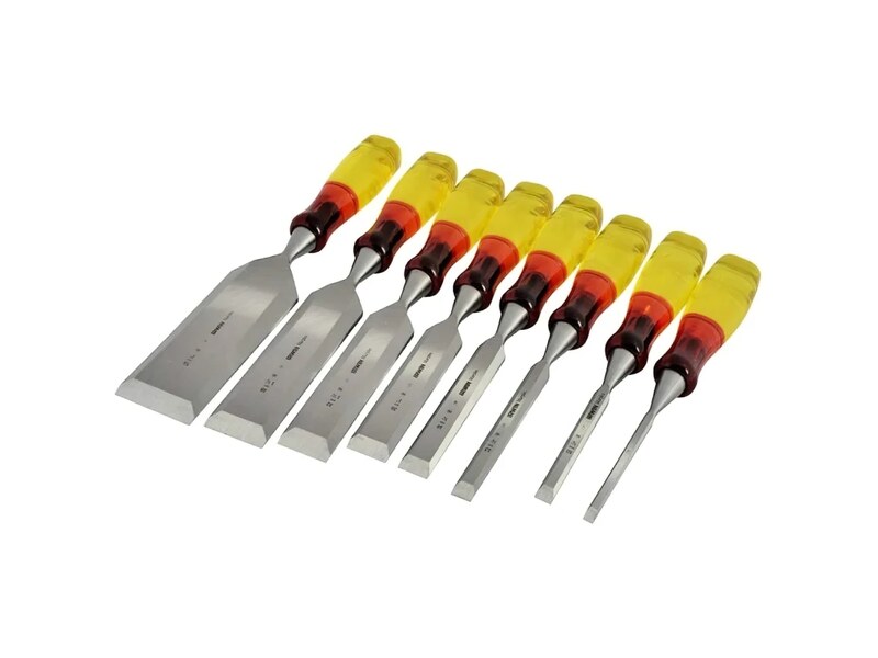 Eight Irwin Marples MAR373S8 high-impact split-proof wood chisels arranged by blade size