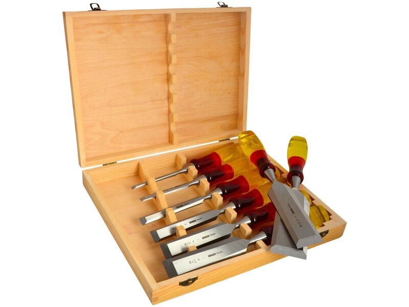 Irwin Marples MAR373S8 eight-piece wood chisel set displayed inside its open wooden storage case