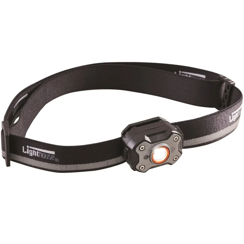 Lighthouse rechargeable head torch with a black adjustable headband and front light unit.