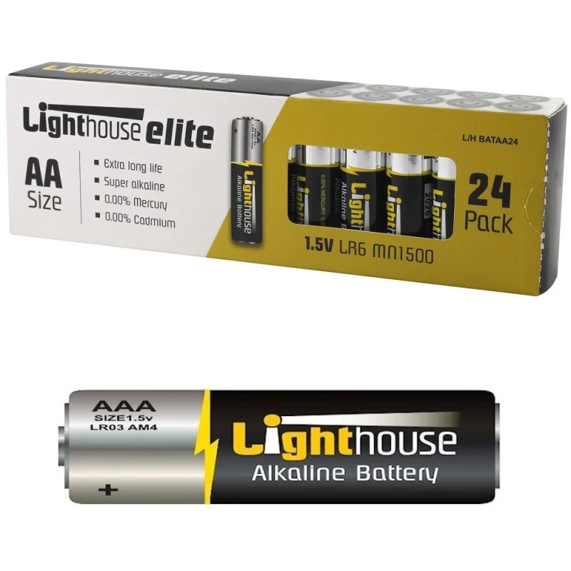 Lighthouse AA battery box marked 24, shown with a single black and silver battery in front.