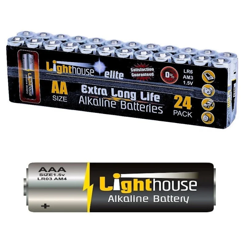 Lighthouse AA batteries in a black and yellow 24-pack, with a single battery displayed below.