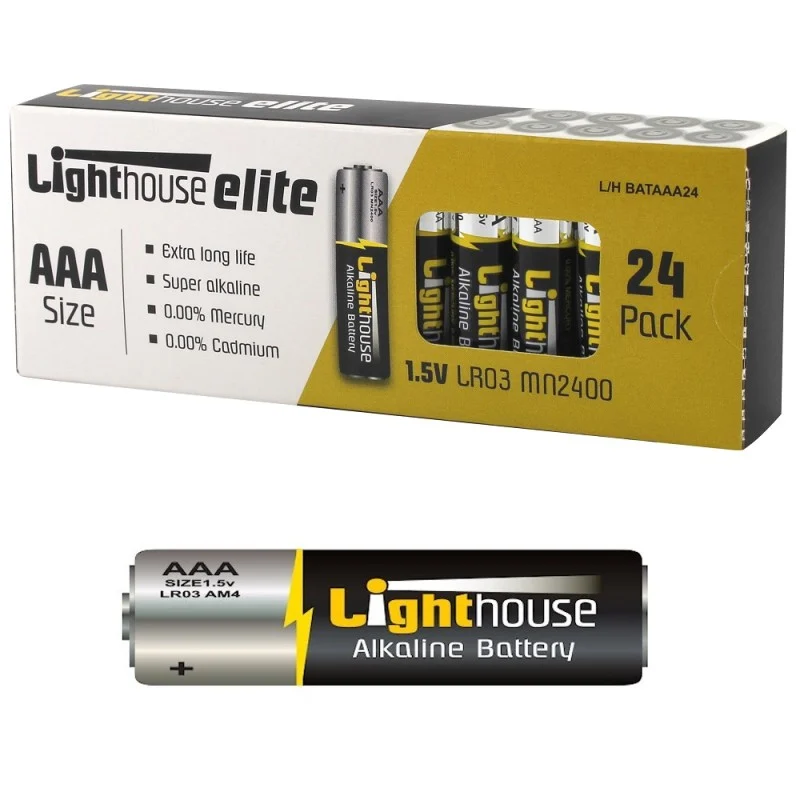 Lighthouse AAA battery box marked 24, shown with a single black and silver battery in front.