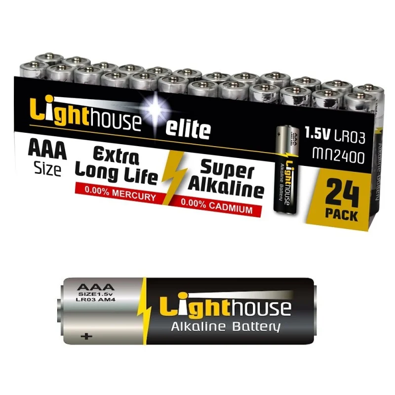 Lighthouse AAA batteries in a black and yellow 24-pack, with a single battery displayed below.