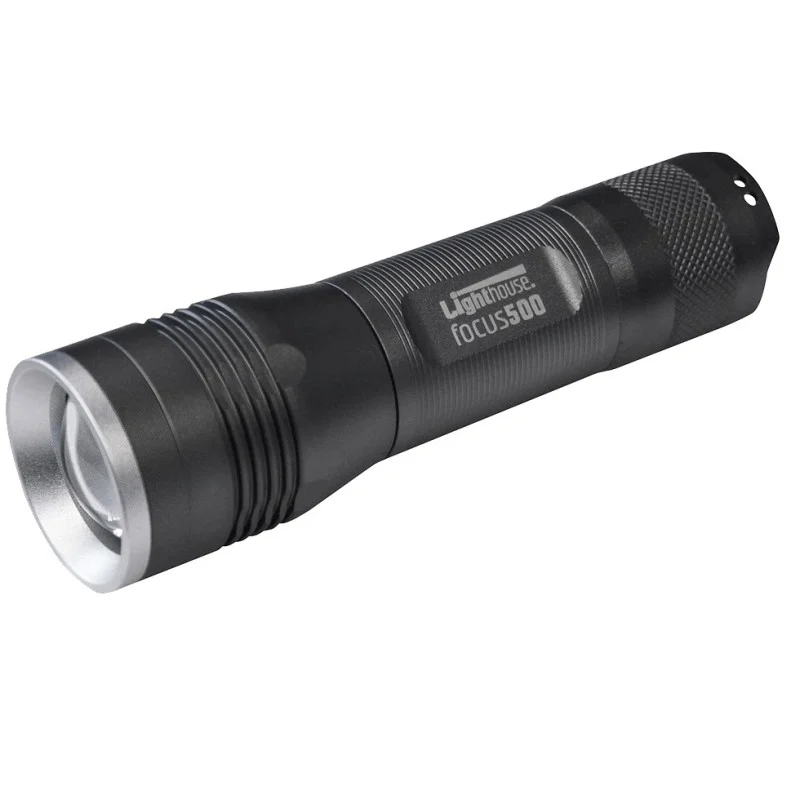 Black Lighthouse Focus torch shown diagonally with its silver-rimmed lens and textured grip visible.