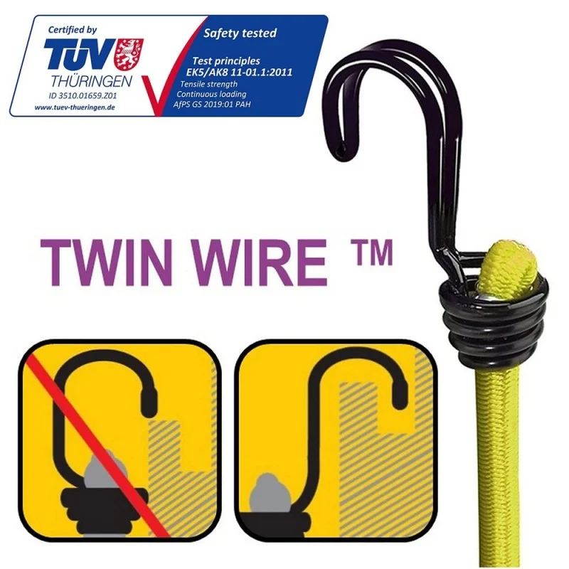 Master Lock bungee hook detail with a Twin Wire graphic comparing hook designs.