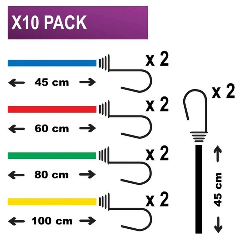 Diagram showing pairs of 45, 60, 80 and 100 cm bungee cords and two additional 45 cm cords in the ten-piece pack.
