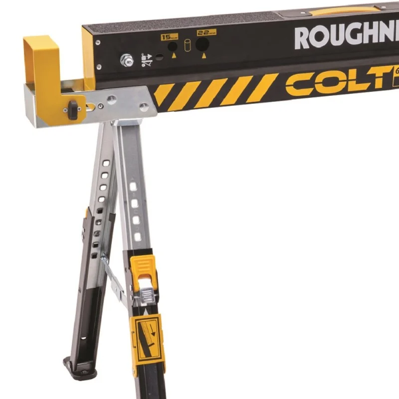 Close-up of a Roughneck Colt sawhorse showing the branded top rail and an extended leg.