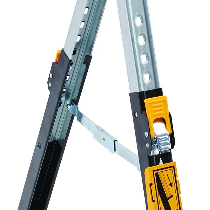 Close-up of the Roughneck Colt sawhorse legs showing the adjustment holes and yellow locking components.