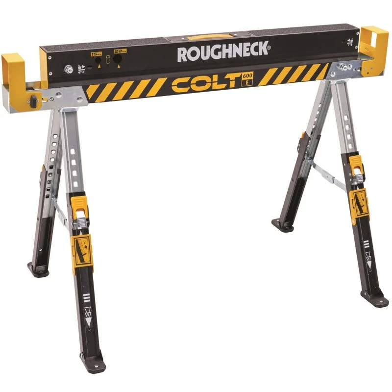 A Roughneck Colt sawhorse standing open on four legs with its black and yellow top rail visible.