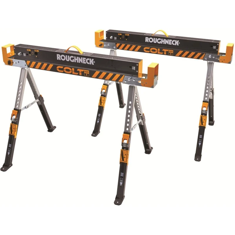 Two Roughneck Colt sawhorses standing open, with their top rails and supporting legs visible.