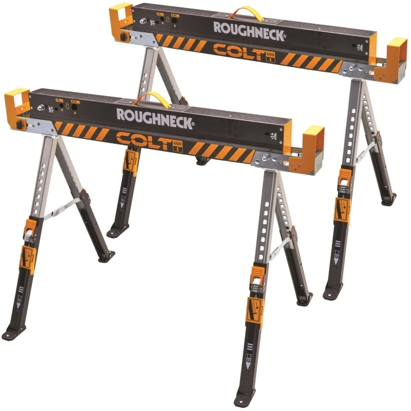 Roughneck Colt Twin Sawhorses Angled View Roughneck Colt ROU35602 Folding Steel Sawhorse Twin Pack – XMS26HORSES