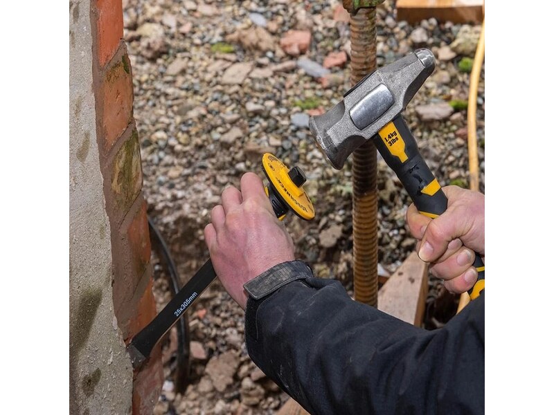 Roughneck Gorilla 3lb mini sledge hammer striking a bolster chisel
