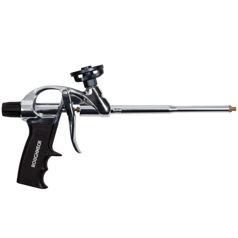 Side view of a Roughneck foam gun showing the long barrel, trigger, grip and rear adjustment knob.