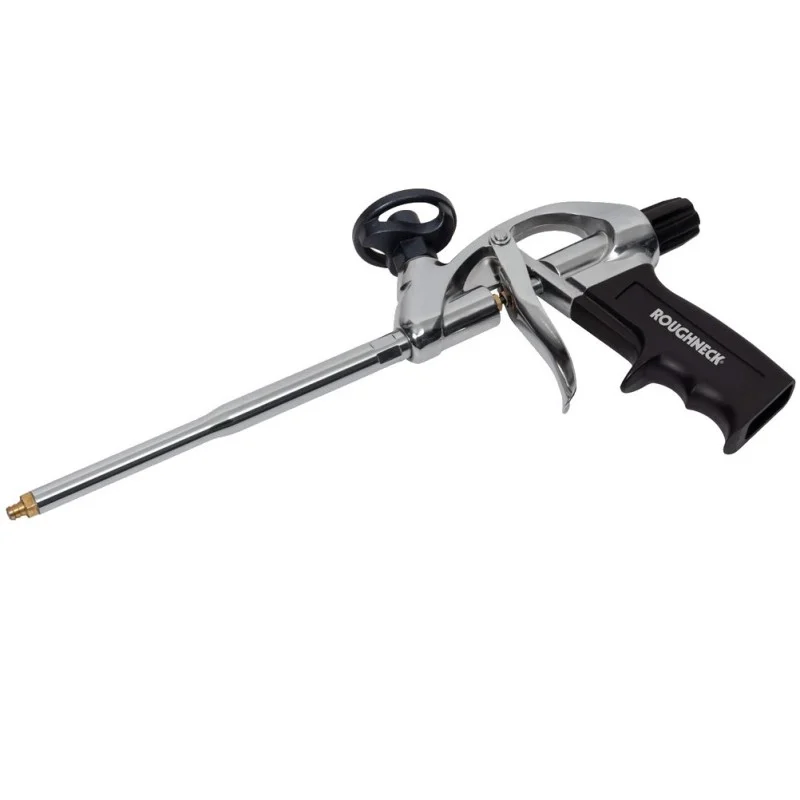 Roughneck foam gun viewed diagonally with the barrel pointing left and the canister adaptor above the body.