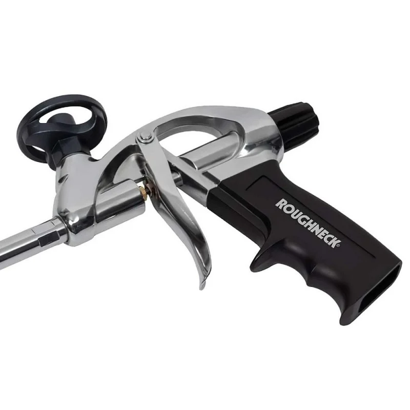Close-up of the Roughneck foam gun showing its branded grip, metal trigger and rear control knob.
