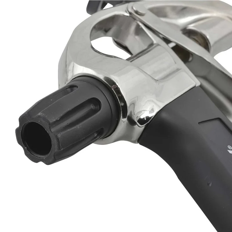 Detail of the black adjustment knob at the rear of the Roughneck foam gun.