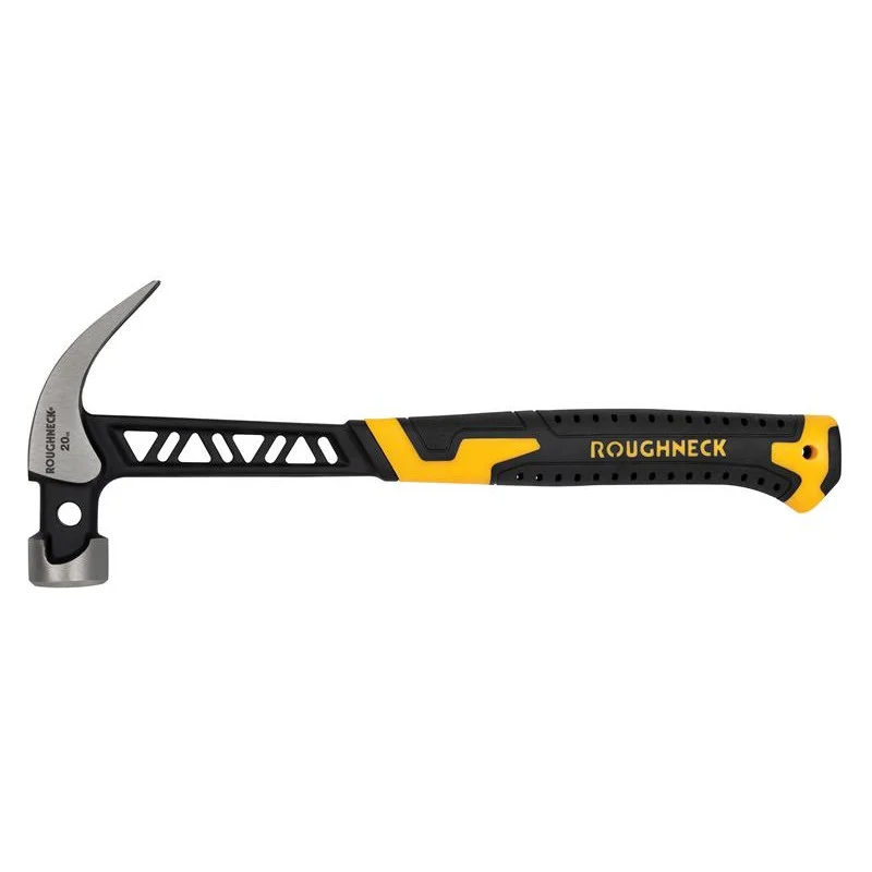 Side profile of a Roughneck claw hammer with a curved claw, open shaft and black and yellow handle.