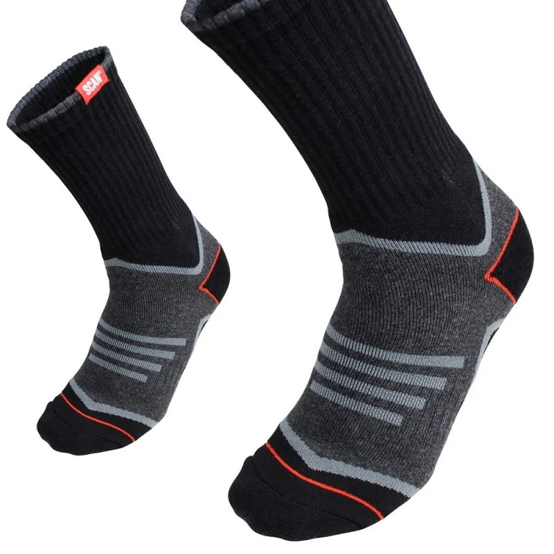 Black and grey Scan work socks with red detailing, shown upright to display the cuffs and shaped feet.