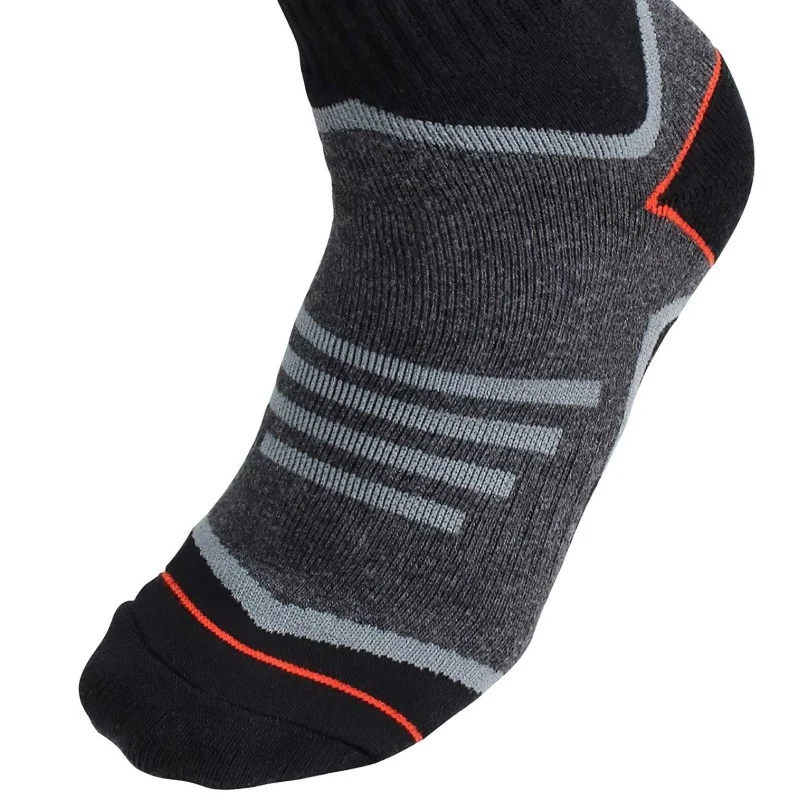 Close-up of a Scan work sock showing the grey knitted foot, black toe and red seam detail.