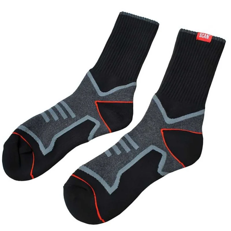 A pair of black and grey Scan work socks with red detailing and long ribbed cuffs.