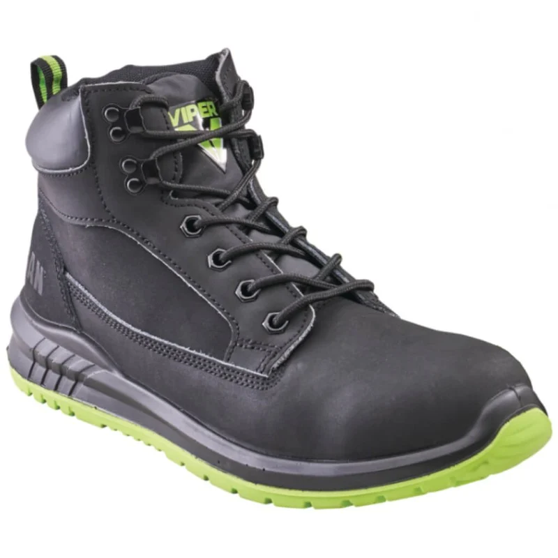 Black lace-up work boot shown from the side, with a padded ankle collar and green sole edging.