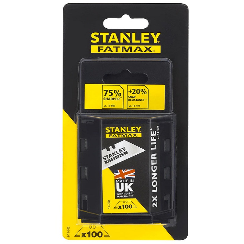 Stanley FatMax utility blade dispenser shown in black and yellow retail packaging marked 100 blades.