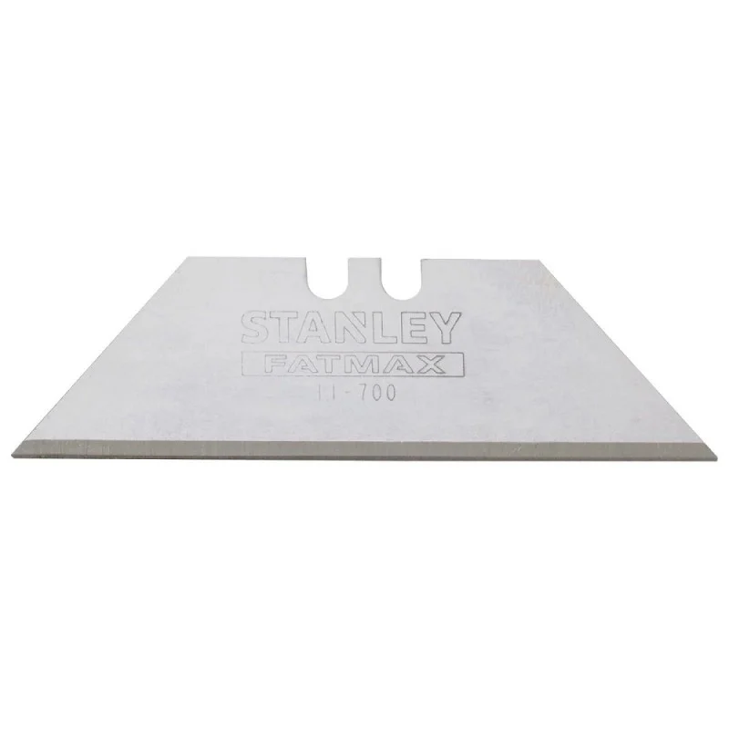 Close-up of a trapezoidal Stanley FatMax utility blade with locating notches along its upper edge.