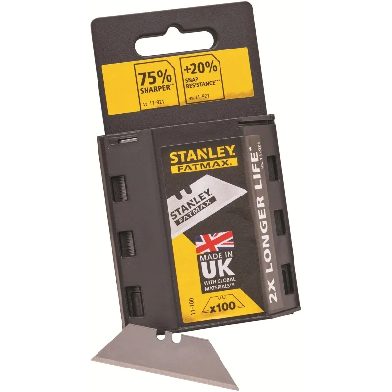 Stanley FatMax blade dispenser shown at an angle with one utility blade projecting from the base.
