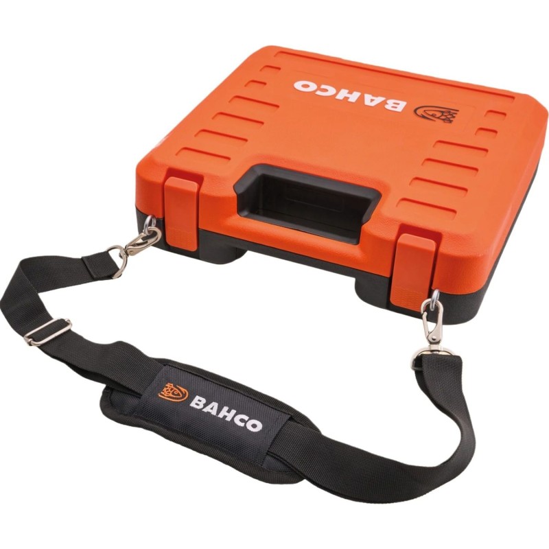 Closed orange Bahco Dynamic Drive socket set case with shoulder strap