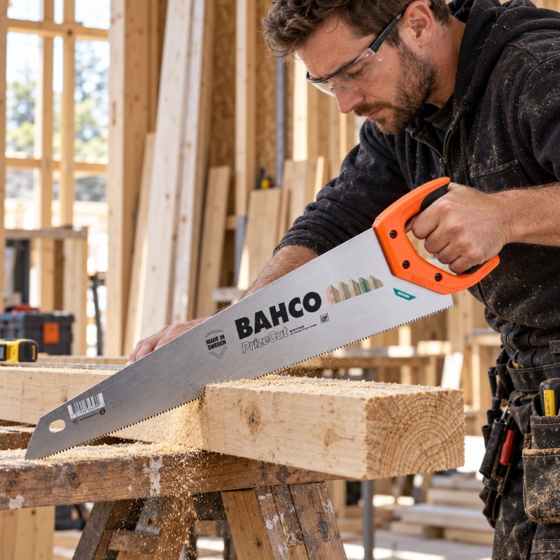 Carpenter cutting a timber board using a Bahco PrizeCut handsaw