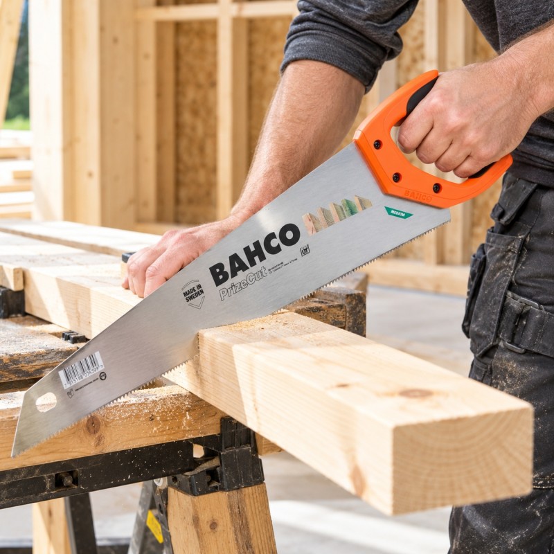 Close-up of a Bahco orange-handled handsaw cutting into softwood