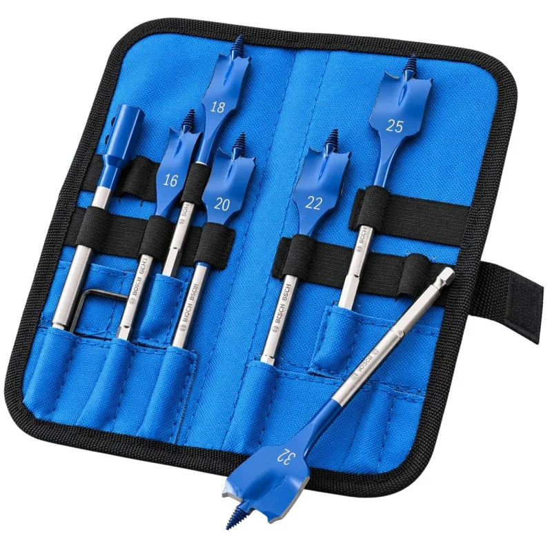 Bosch EXPERT 7-Piece Spade Set – Open Pouch Bosch EXPERT Self-Cut Speed 16-32mm Impact-Rated Wood Spade Bit Set with Extension XMS26FLATBIT