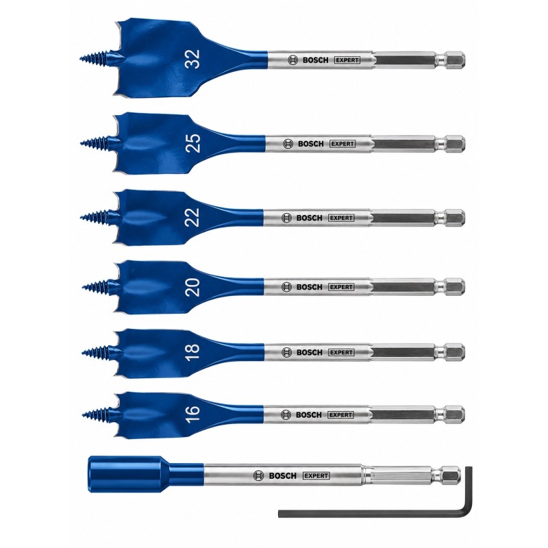 Six Bosch EXPERT blue spade wood drill bits displayed by size