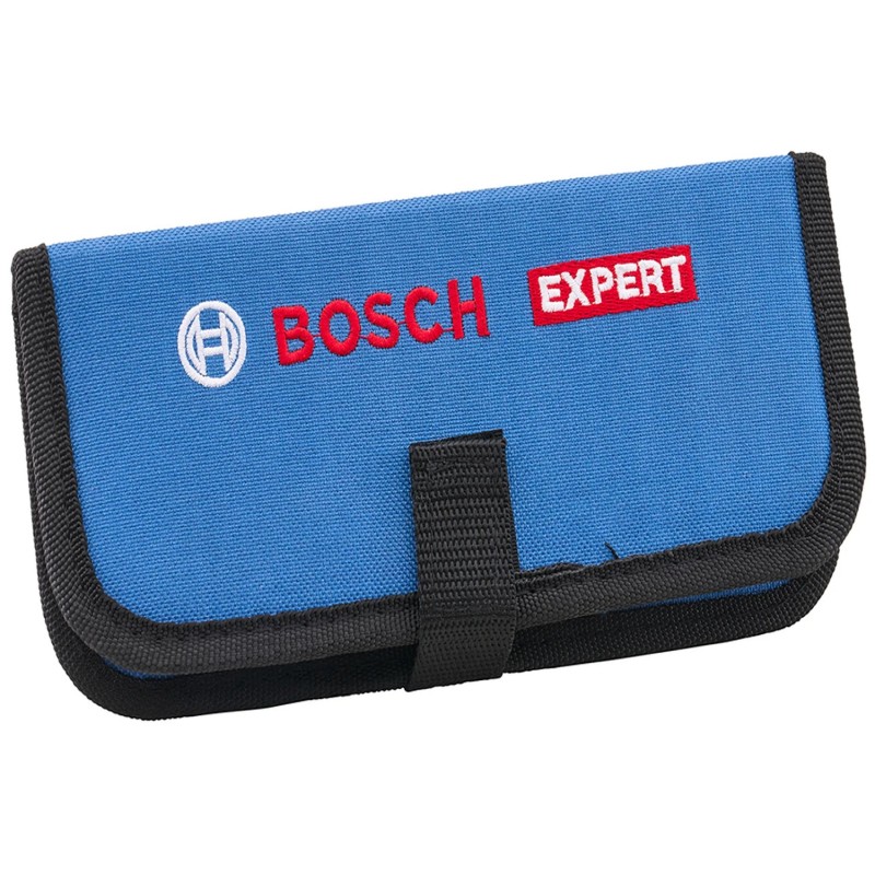 Closed blue and black Bosch EXPERT fabric storage pouch for the spade bit set