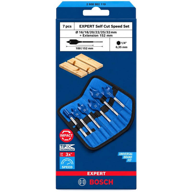 Bosch EXPERT spade drill bit set in blue branded retail packaging