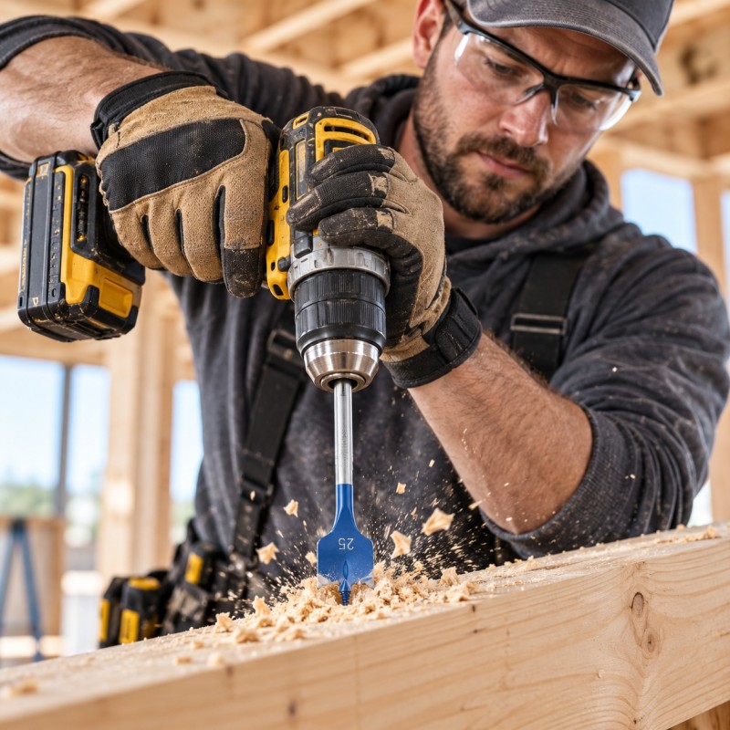 Tradesperson drilling a timber joist using a Bosch EXPERT spade wood bit