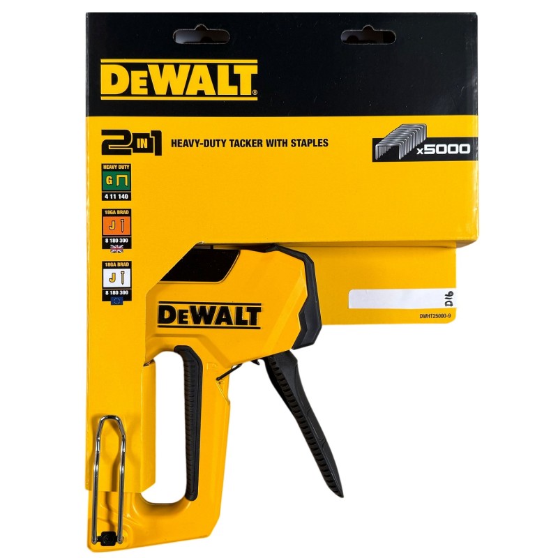 DeWalt 2-in-1 hand tacker with staple pack shown on yellow retail card