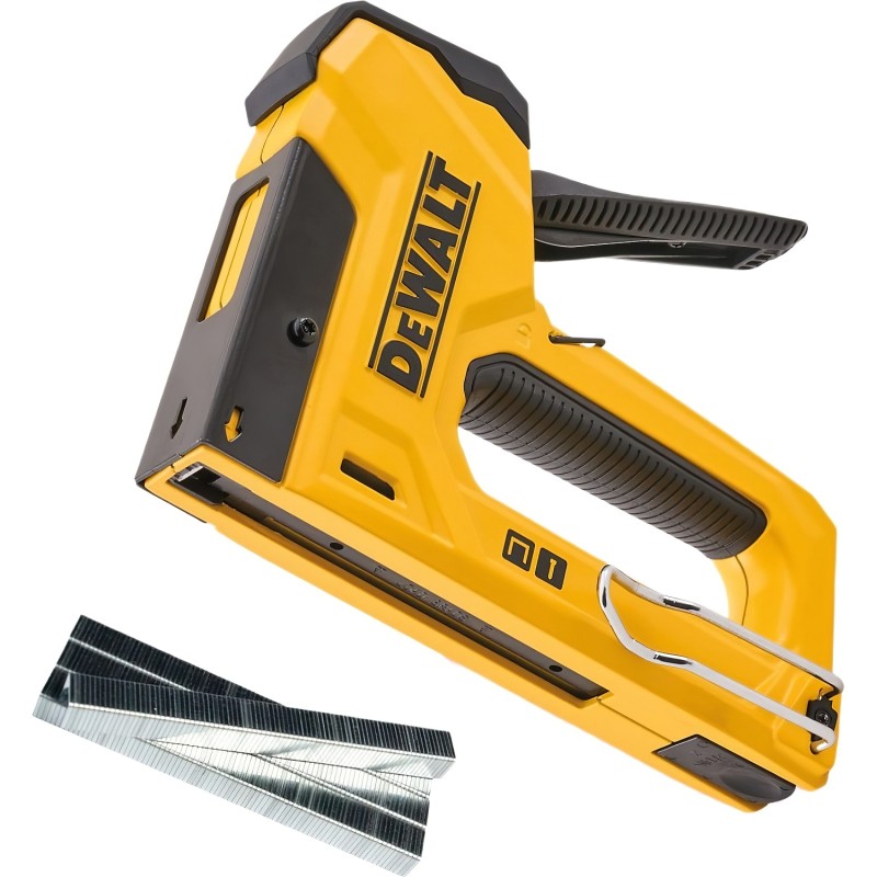Yellow DeWalt heavy duty manual staple gun shown with its handle raised