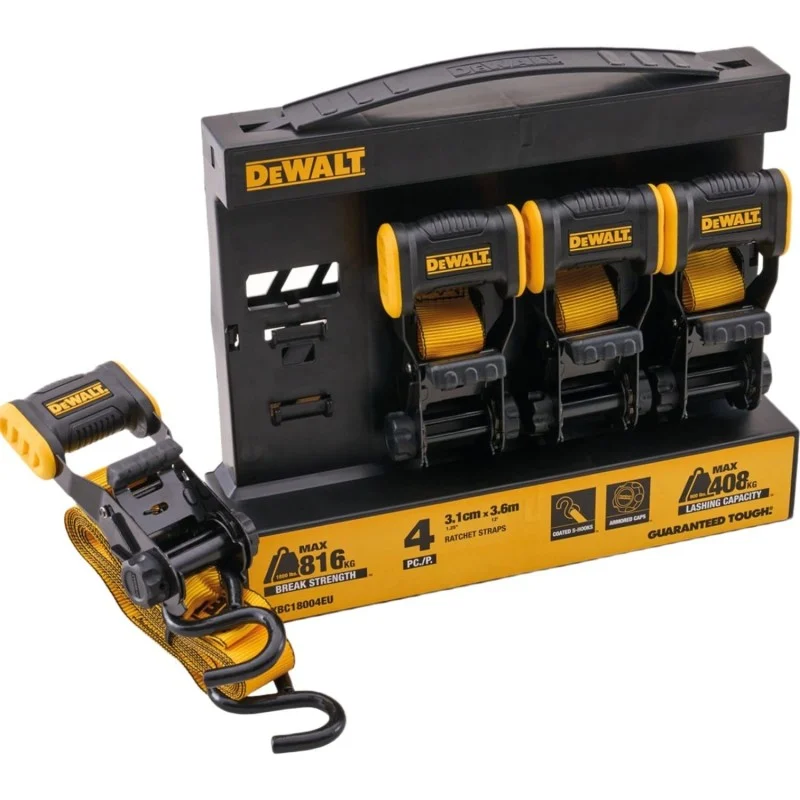 DeWalt 3.6m Ratchet Straps – Four Pack DeWalt 4-Piece 3.6m Ratchet Tie-Down Strap Set 31mm with Coated S-Hooks XMS26RATCHET