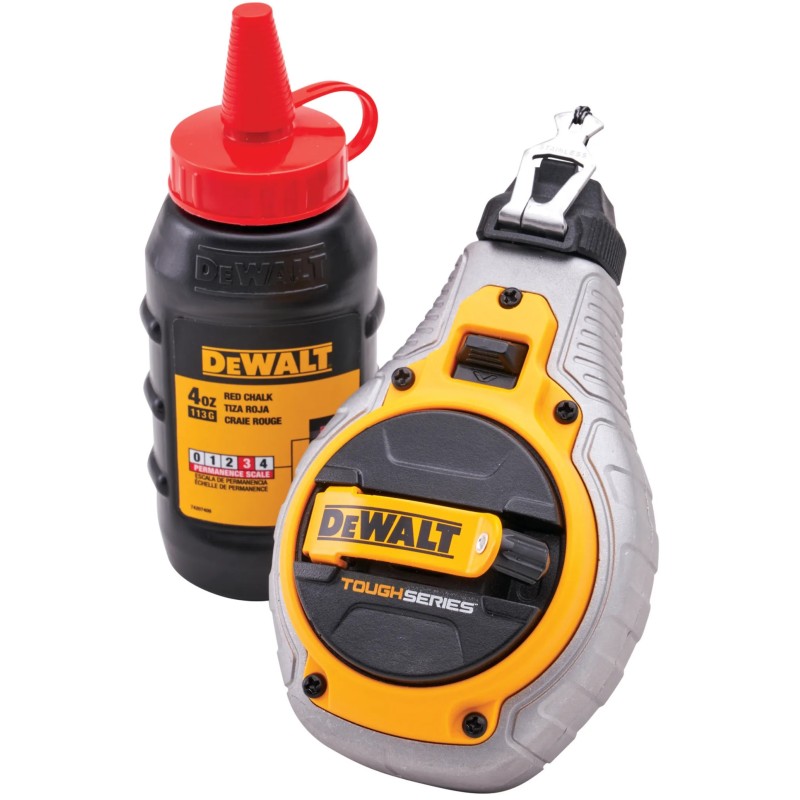 DeWalt chalk reel shown beside a red chalk bottle