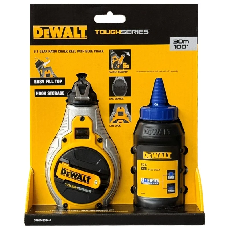 DeWalt 30m Chalk Line Kit – Packaging Front DeWalt TOUGHSERIES 30m Chalk Reel Kit with Line Lock & Blue Chalk XMS26CHALK