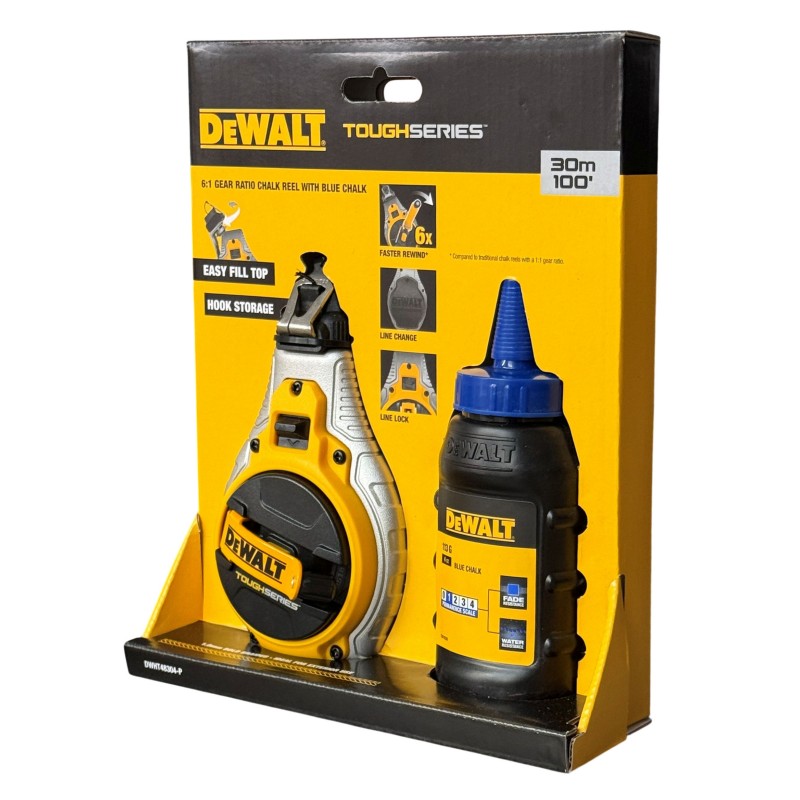 DeWalt chalk line reel and blue chalk bottle displayed in retail packaging