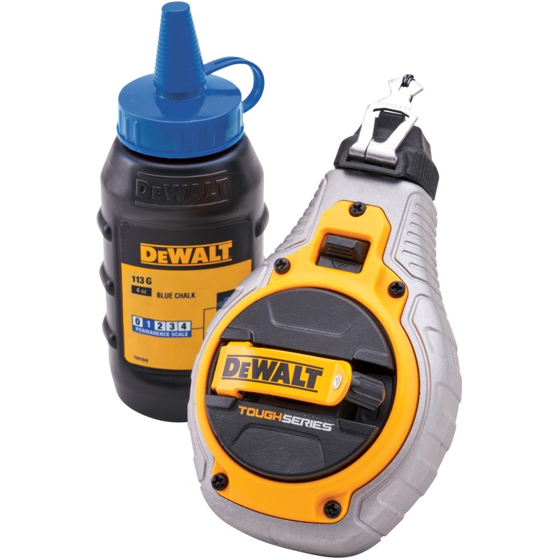 DeWalt 30m chalk line reel shown with a bottle of blue marking chalk