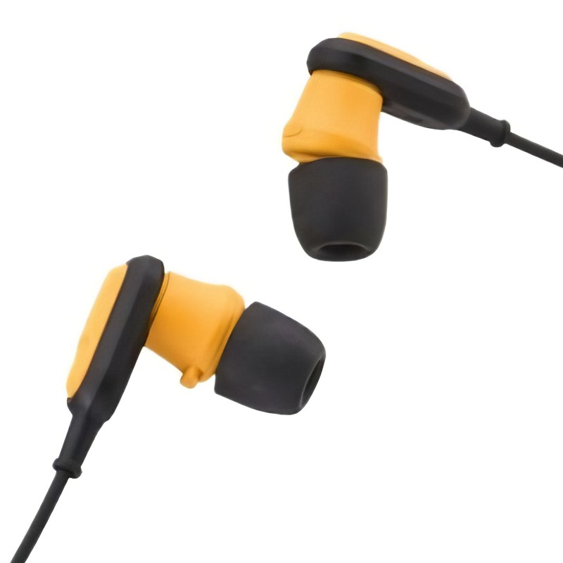 Yellow and black DeWalt wireless neckband earbuds shown as two separate earpieces