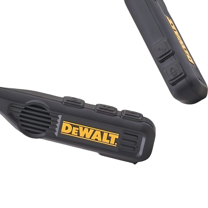 Close-up of the DeWalt neckband speaker housing and controls