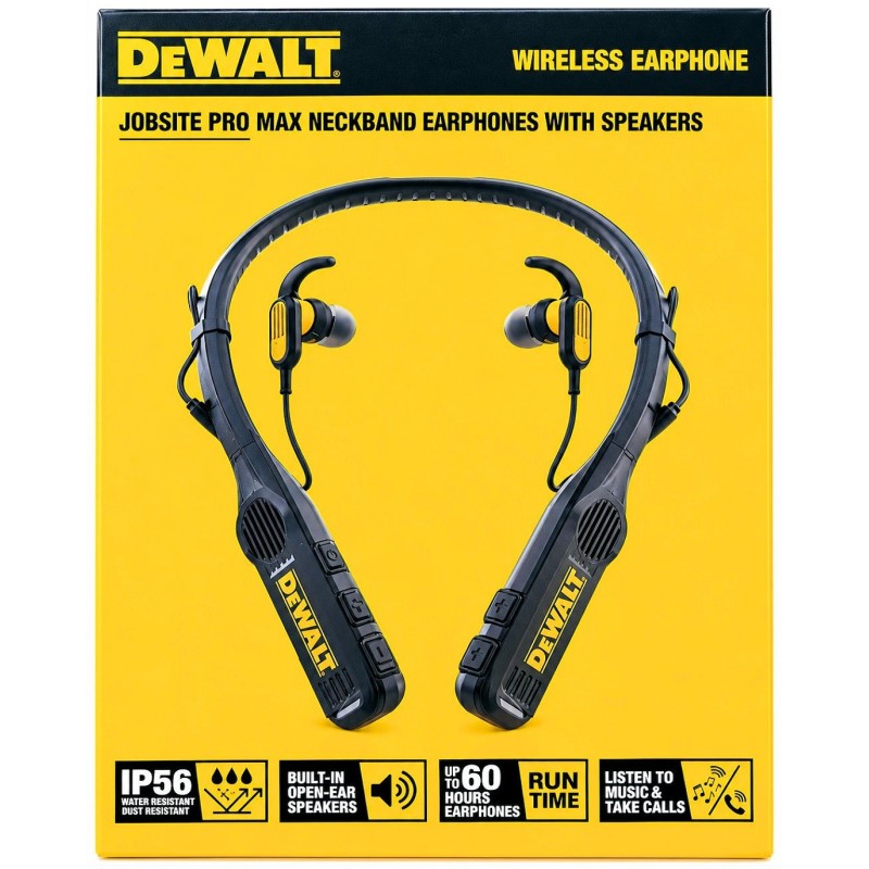 DeWalt Pro Max Bluetooth neckband displayed on yellow retail packaging