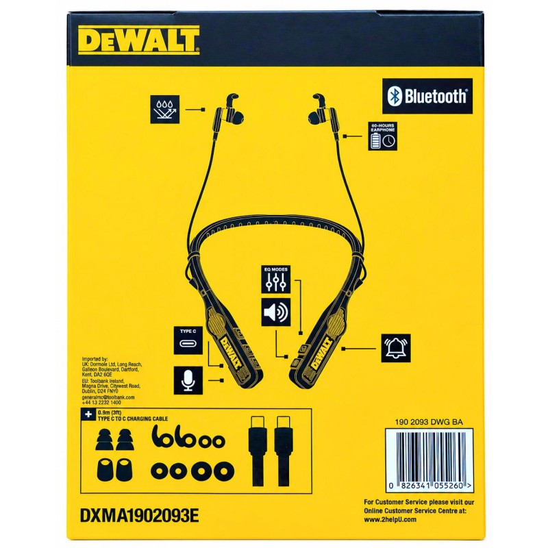 Back of the DeWalt Bluetooth neckband retail pack showing product specifications