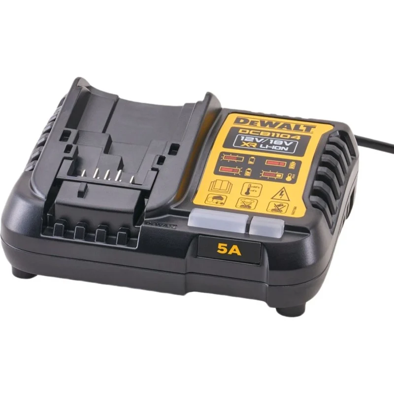 DeWalt XR battery charger with black housing and yellow label