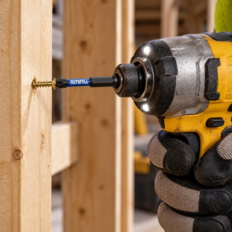 Impact driver fitting a screw into timber with a long Faithfull screwdriver bit