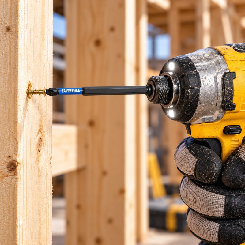 Close-up of a Faithfull extended screwdriver bit fitted to an impact driver